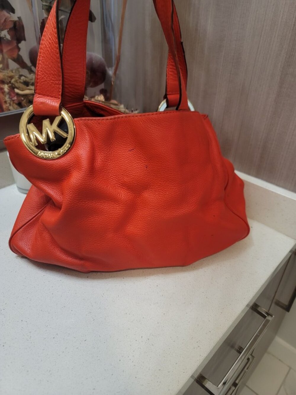 Michael Kors Smooth Leather Large Logo Emblem Shoulder Bag Orange